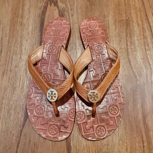 Tory Burch Sandals Thora Thong Flip Flops Shoes Leather Brown